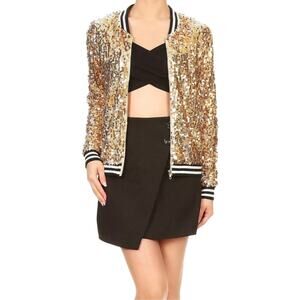 Anna Kace Sequin Bomber Zip-Up Jacket Gold Silver Black White Trim Women's Small